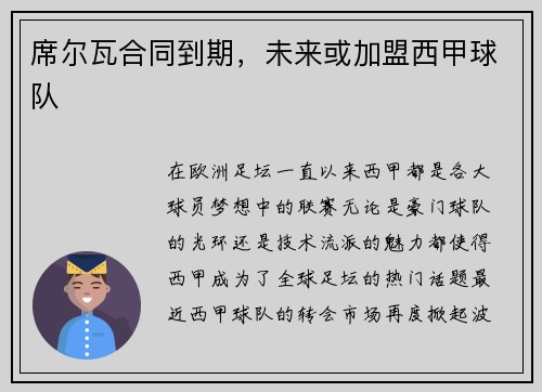 席尔瓦合同到期，未来或加盟西甲球队
