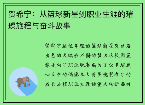 贺希宁：从篮球新星到职业生涯的璀璨旅程与奋斗故事