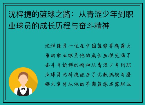 沈梓捷的篮球之路：从青涩少年到职业球员的成长历程与奋斗精神